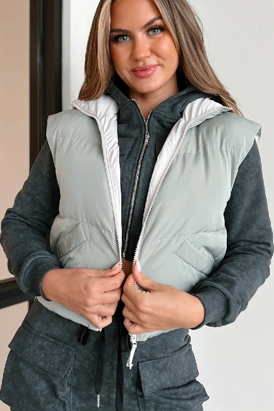 Out Exploring Crop Puffer Vest (Sage) Chic Faux Suede Vest