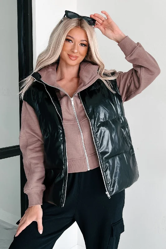Put You In Your Place Patent Leather Puffer Vest (Black) Stylish Streetwear Vest