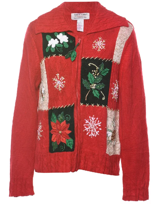 Red Christmas Cardigan - M Plaid Cardigan Polka Dot Checkered