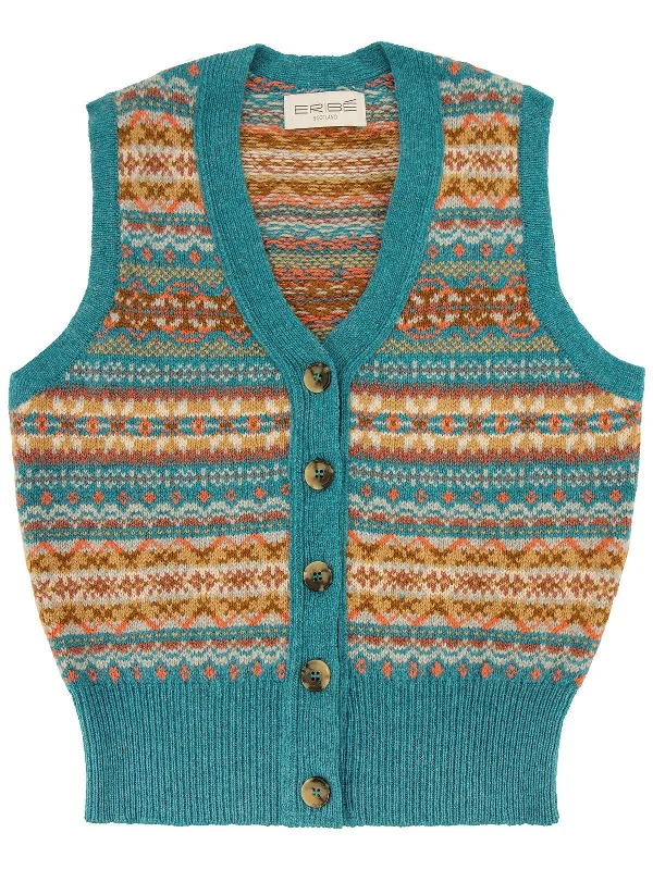 Scottish Wool Fairisle Ladies' Waistcoat in Topaz Blue Fashionable Military Waistcoat Jacket