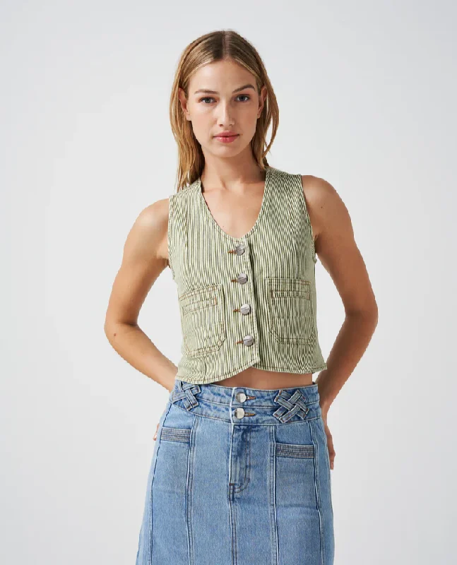 Seventy + Mochi Bea Khaki Stripe Waistcoat Elegant Down-Filled Waistcoat