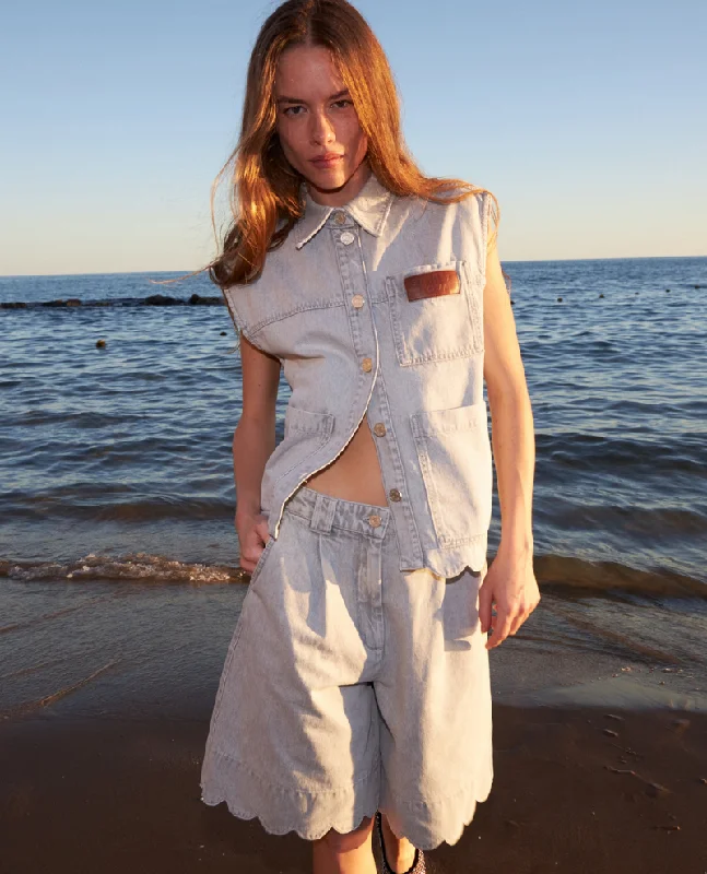 Stella Nova Scallop Edge Denim Waistcoat Cozy Long Waistcoat Jacket