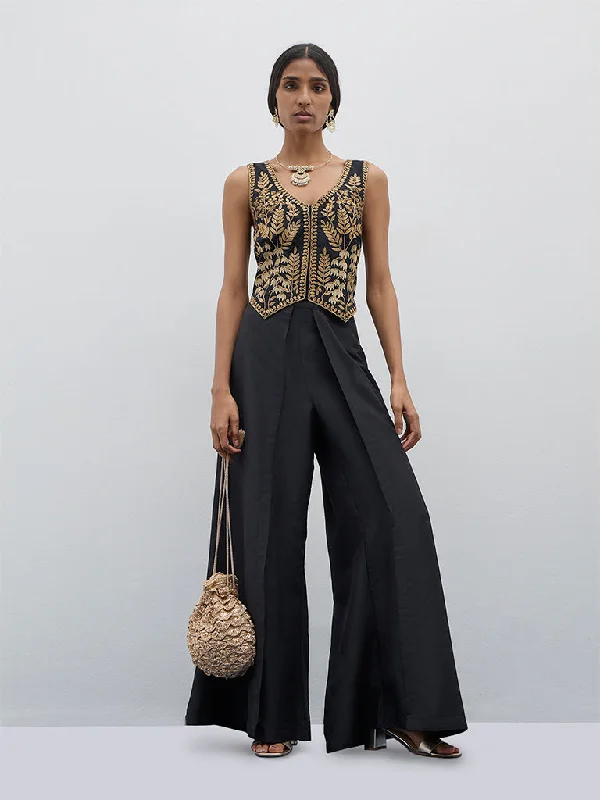 Vark Black Emboidered Waistcoat-Style Top Elegant Lightweight Waistcoat