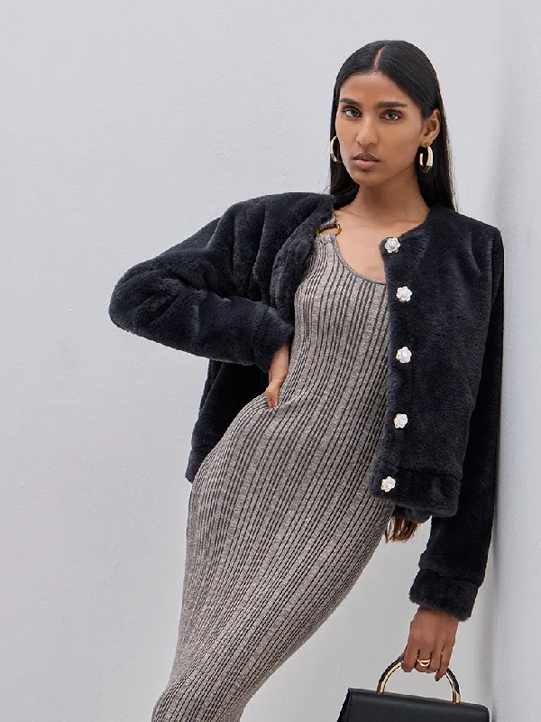 Wardrobe Black Faux-Fur Cardigan Print Jacquard Patchwork