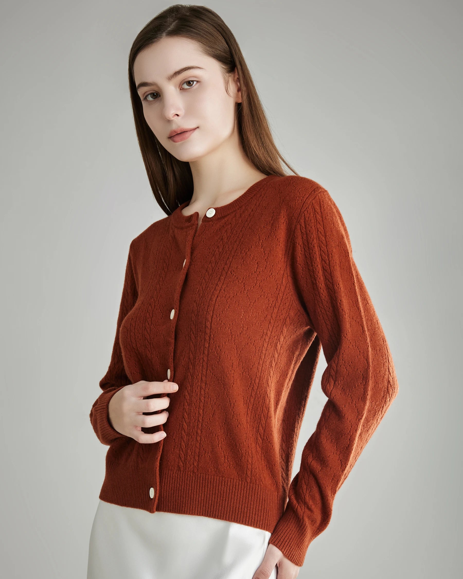 Women's Cable-Knit Cashmere Cardigan Houndstooth Herringbone Solid