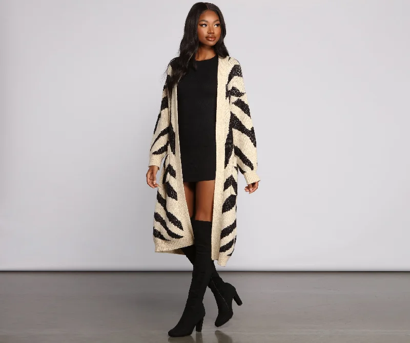 Zebra Print Long Line Cardigan Terry Terry Cloth Terry Knit