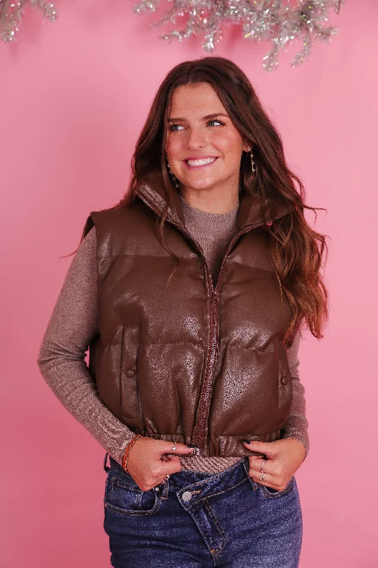 I Love This Place Faux Leather Vest-Chocolate Elegant Checkered Vest